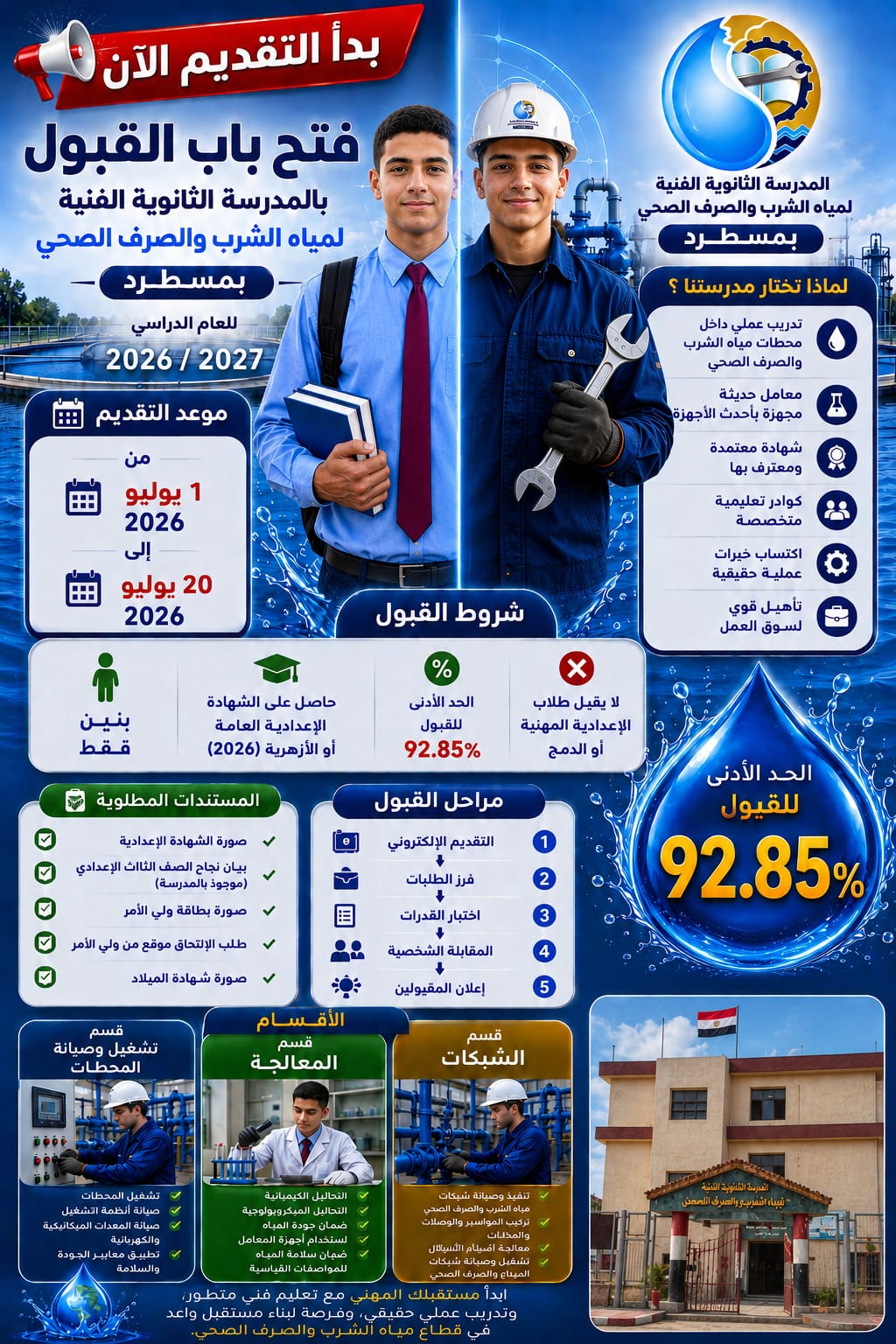 الآن.. فتح باب التقديم بالمدرسة الثانوية الفنية لمياه الشرب والصرف الصحي بمسطرد للعام الدراسي 2026/2027.. تعرف على الشروط ورابط التقديم